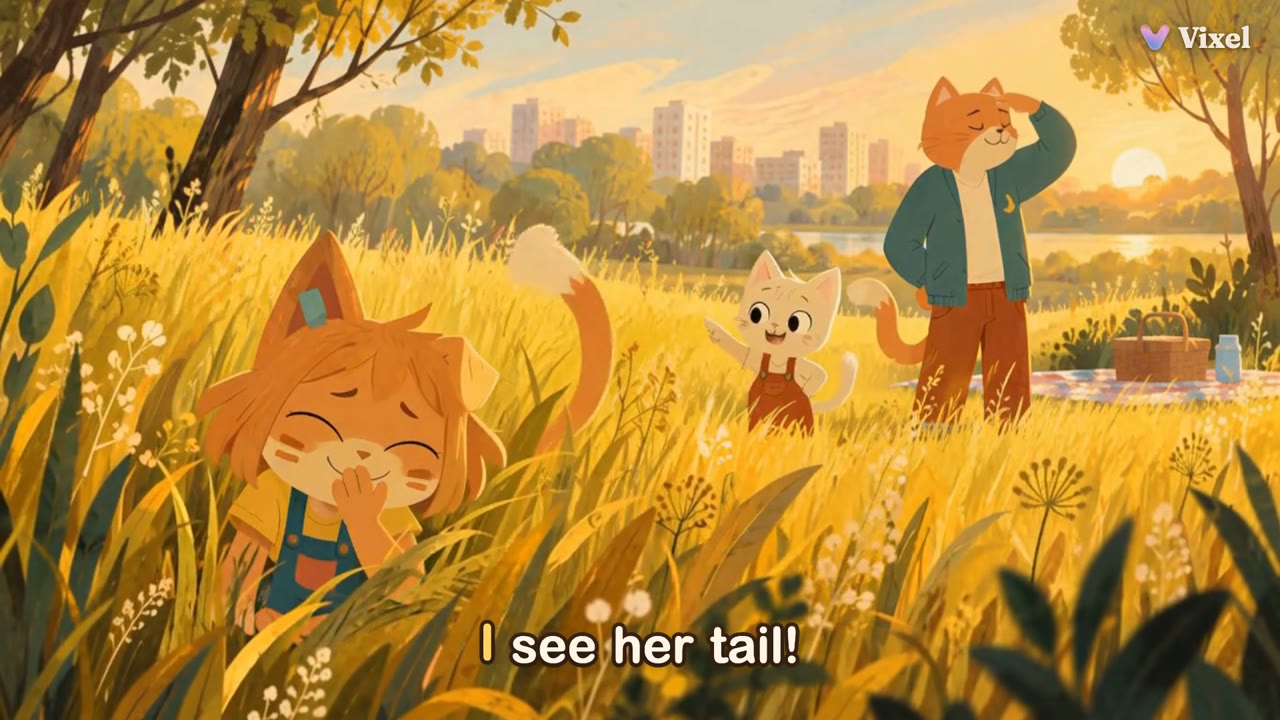 Mimi hides in tall grass with her fluffy tail sticking up while Pip points behind her