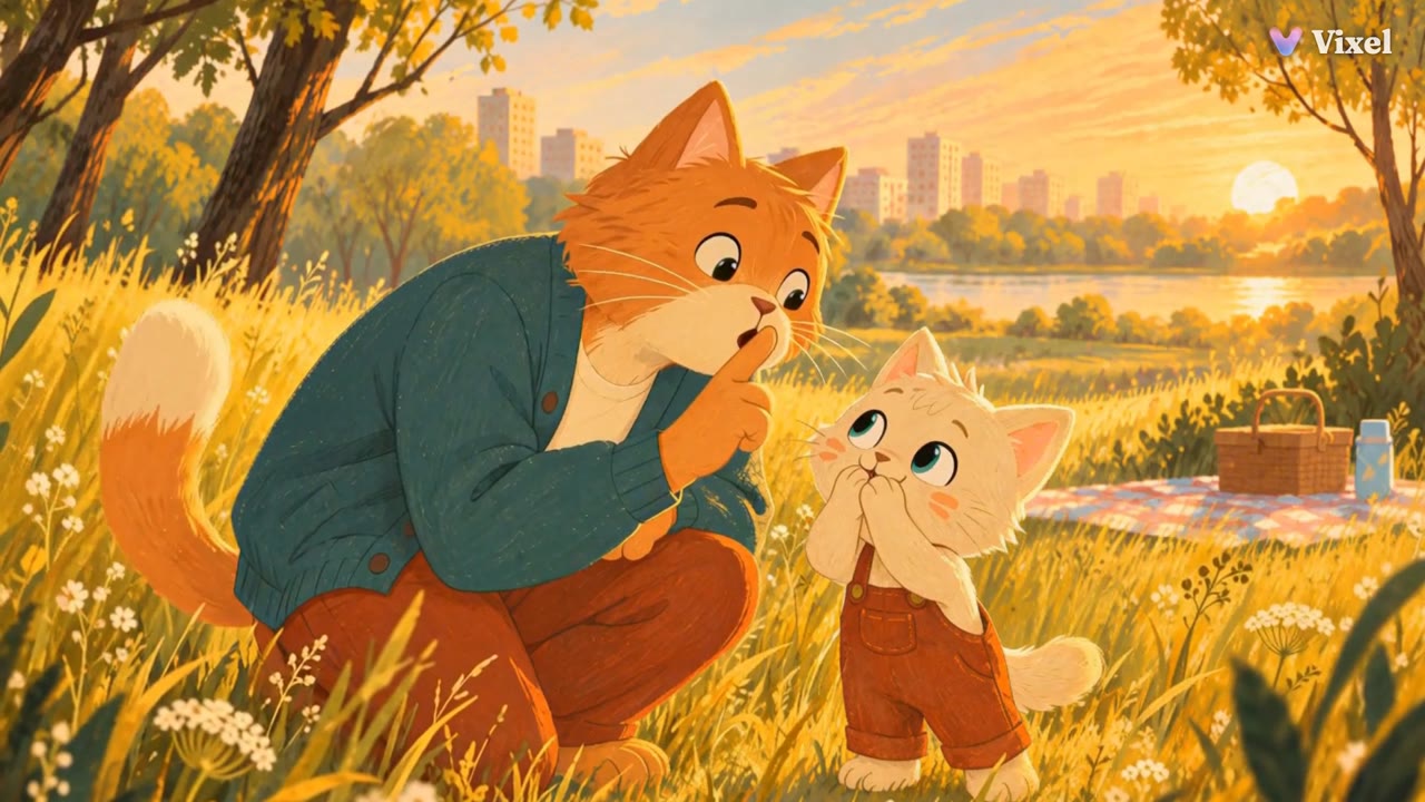 Papa crouches beside Pip with a finger to his lips