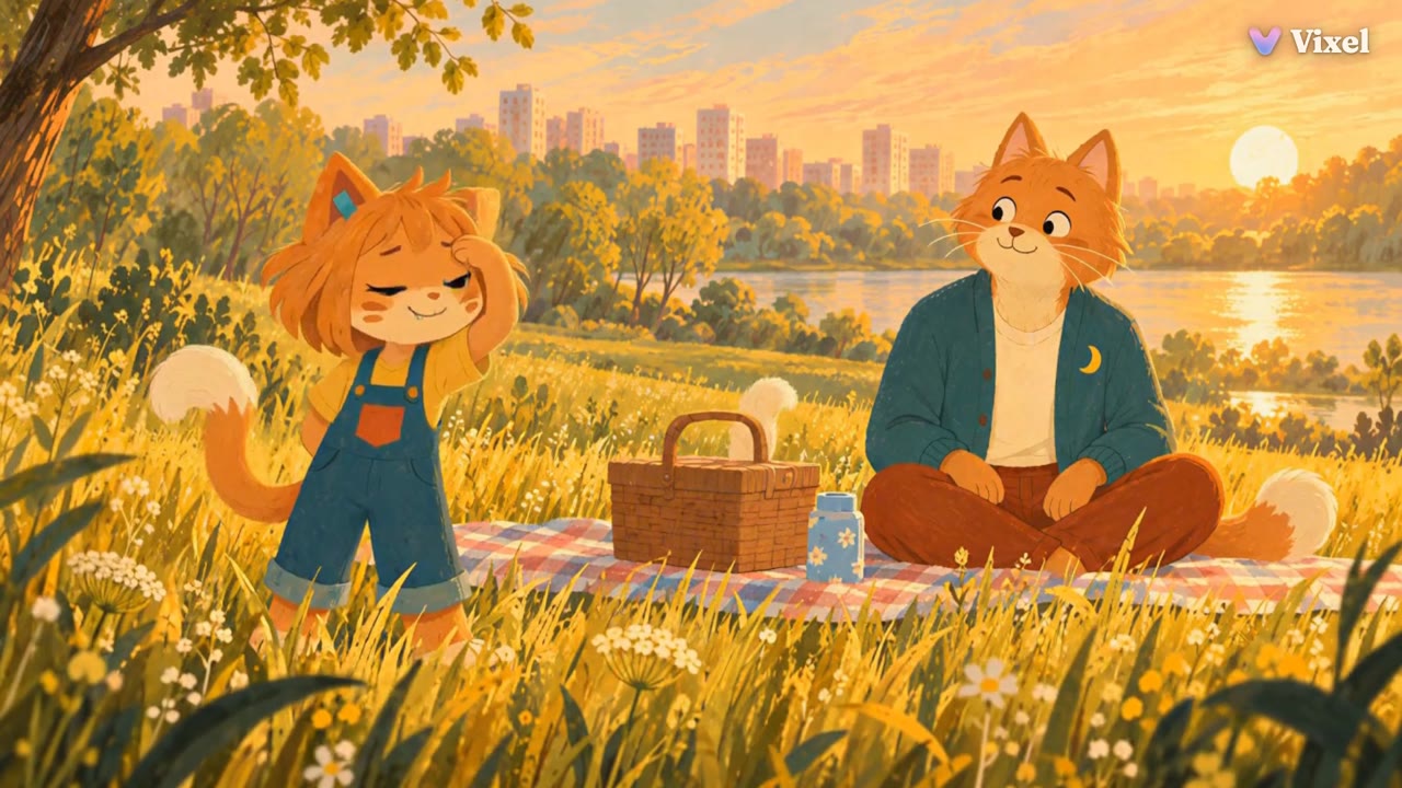 Mimi stands with her eyes closed by the picnic blanket while Papa sits watching at sunset