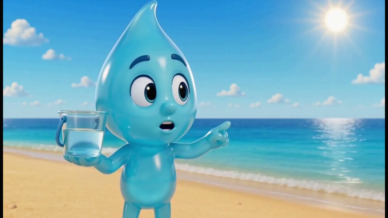 A blue water-drop character holds a glass of water beside the ocean