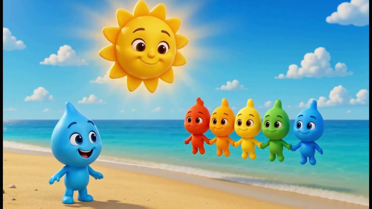 The smiling sun, water drop and colorful characters together on the beach