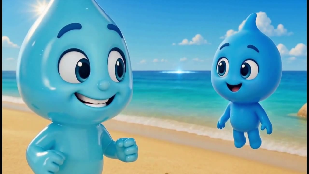 Two water-drop characters share a friendly moment beside the sea